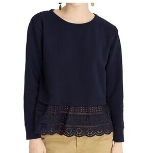 J Crew Woman's Size Medium Feminine Navy Blue Eyelet Hem Sweatshirt Top Preppy